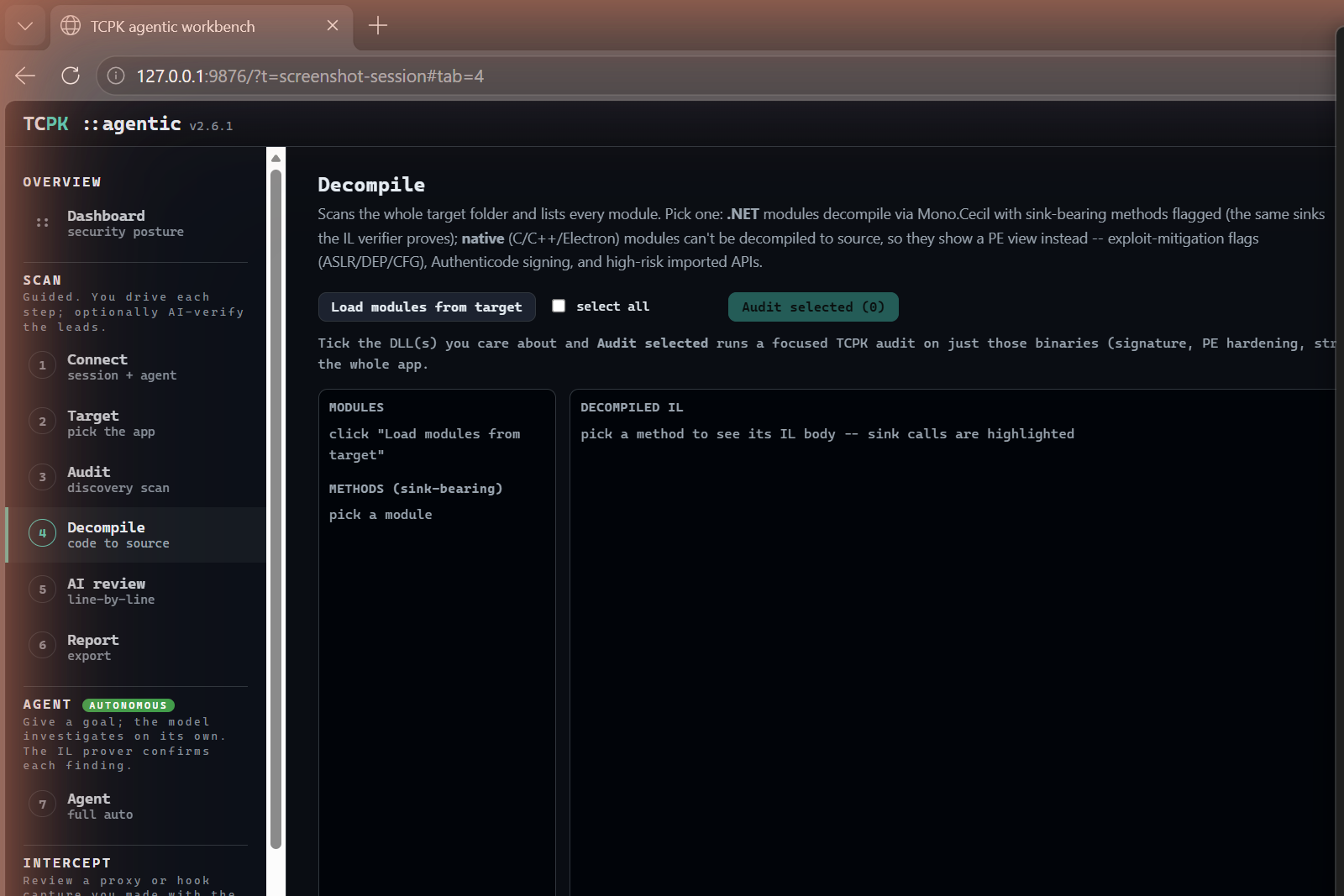 TCPK Agentic Decompile tab