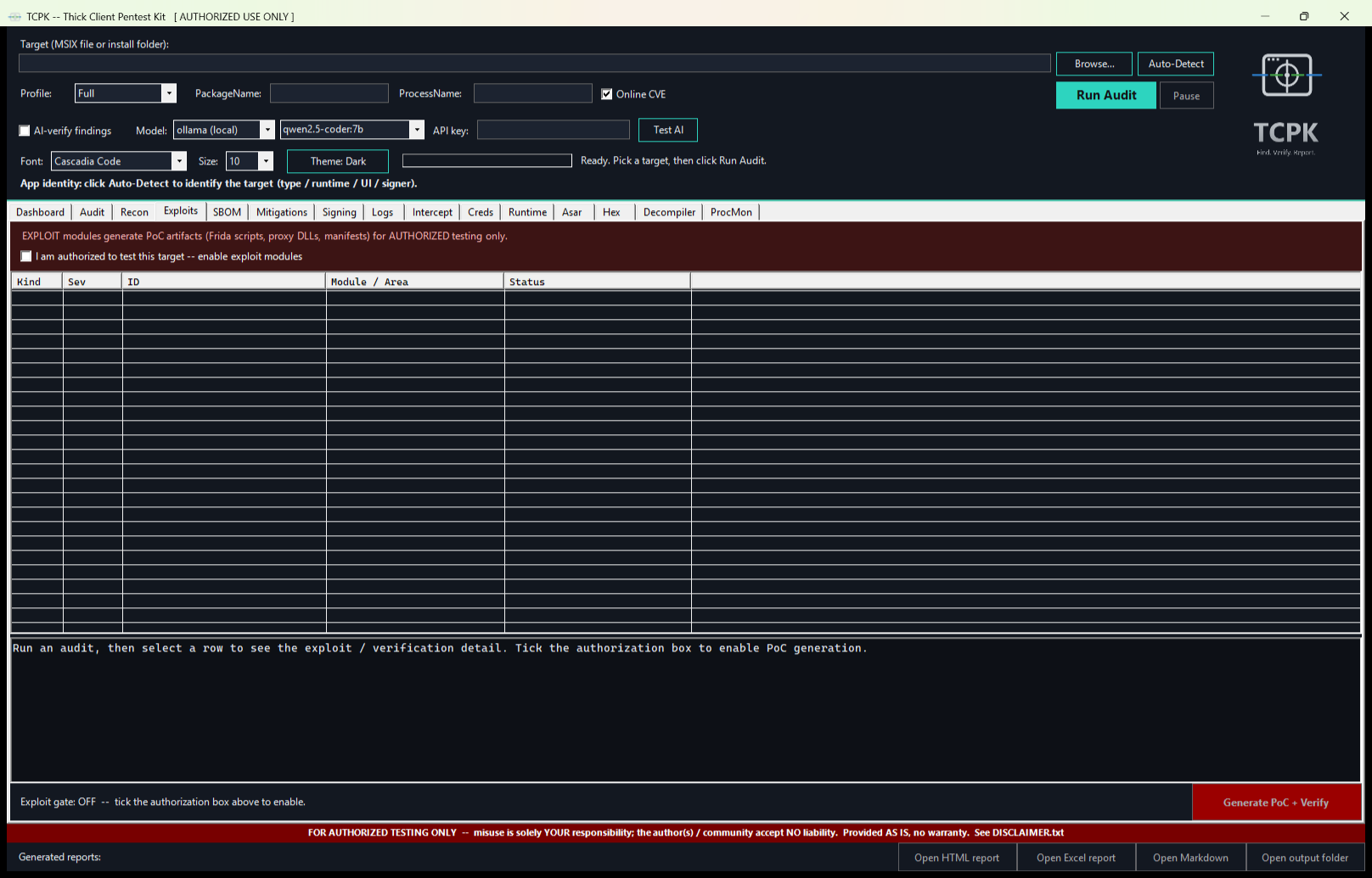 TCPK GUI Exploits tab