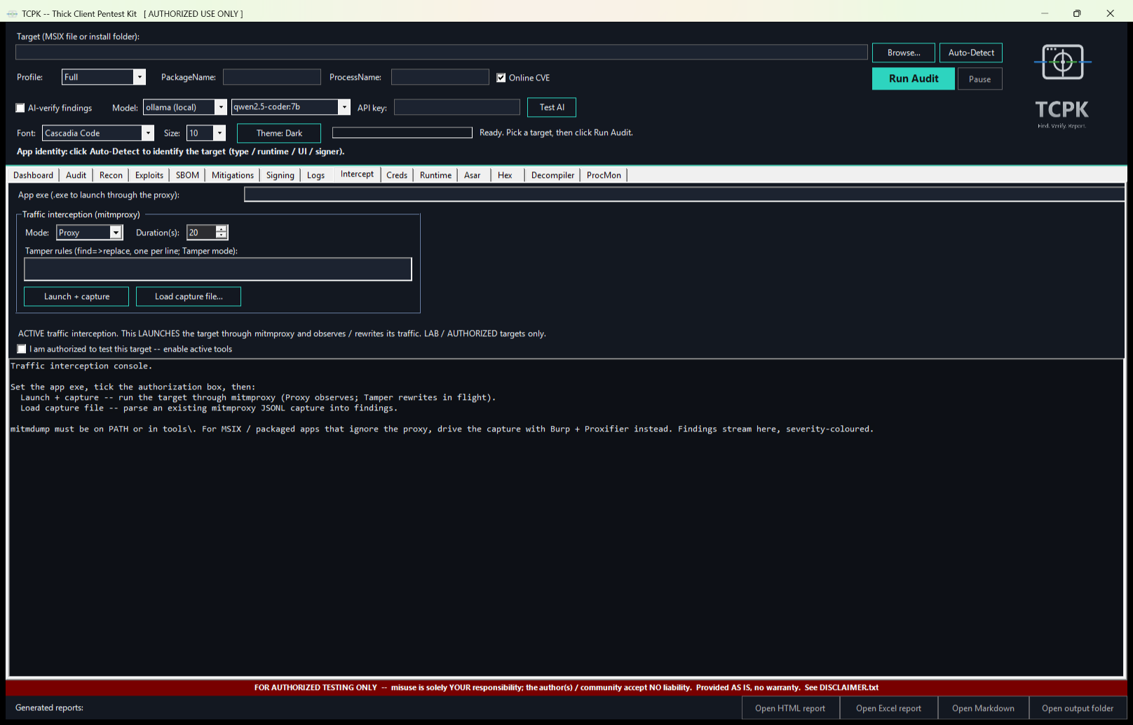 TCPK GUI Intercept tab