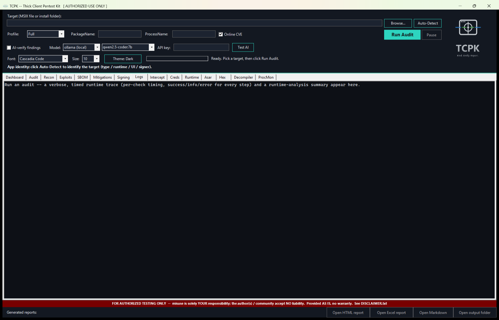 TCPK GUI Logs tab