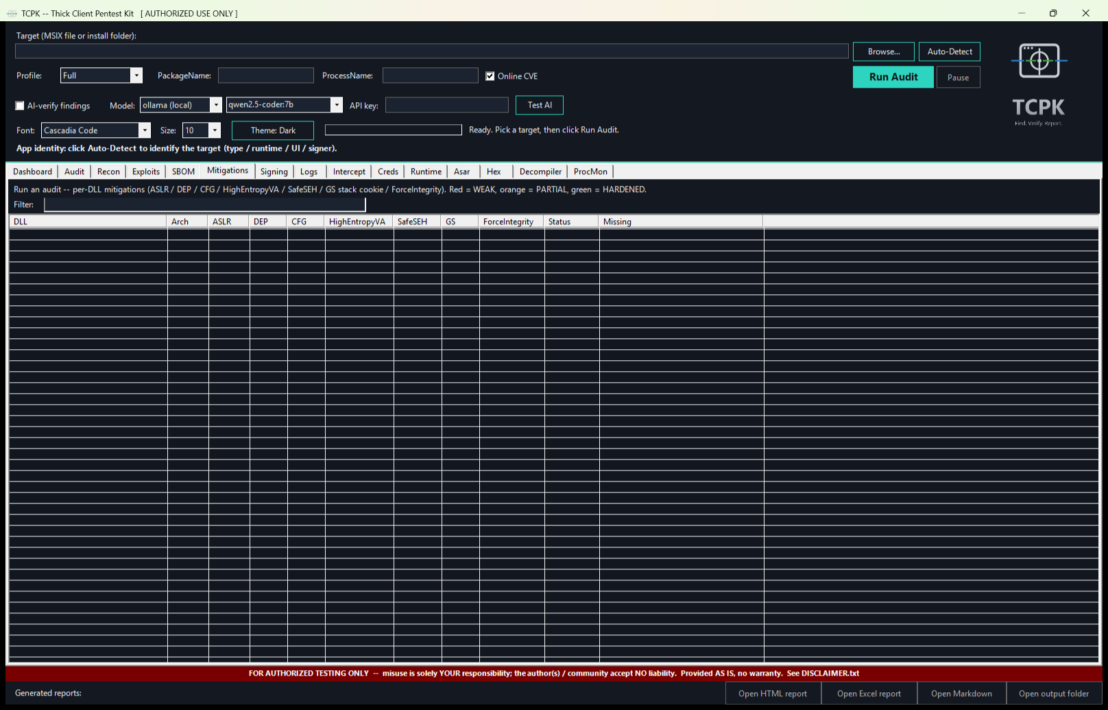 TCPK GUI Mitigations tab