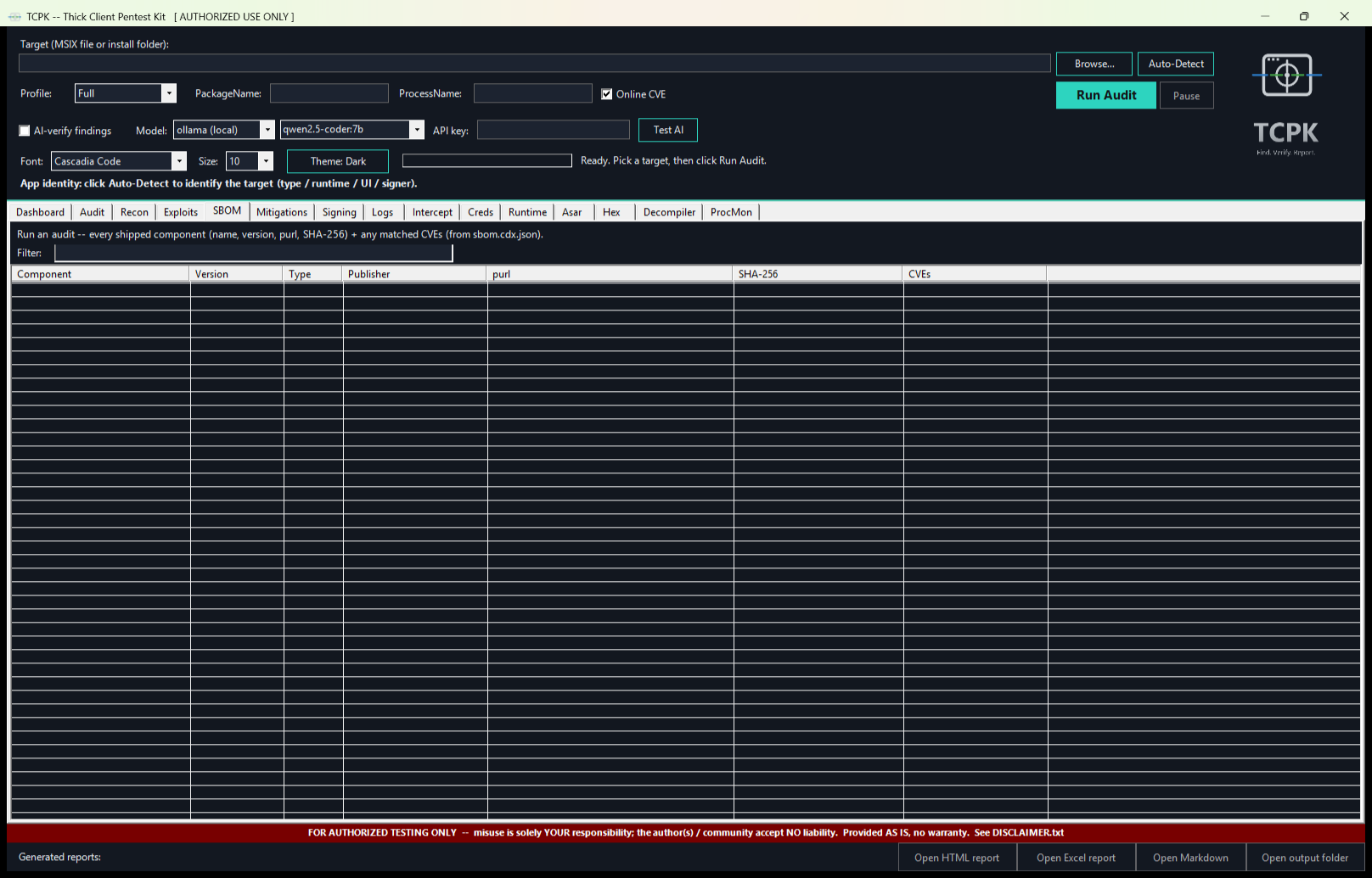 TCPK GUI SBOM tab