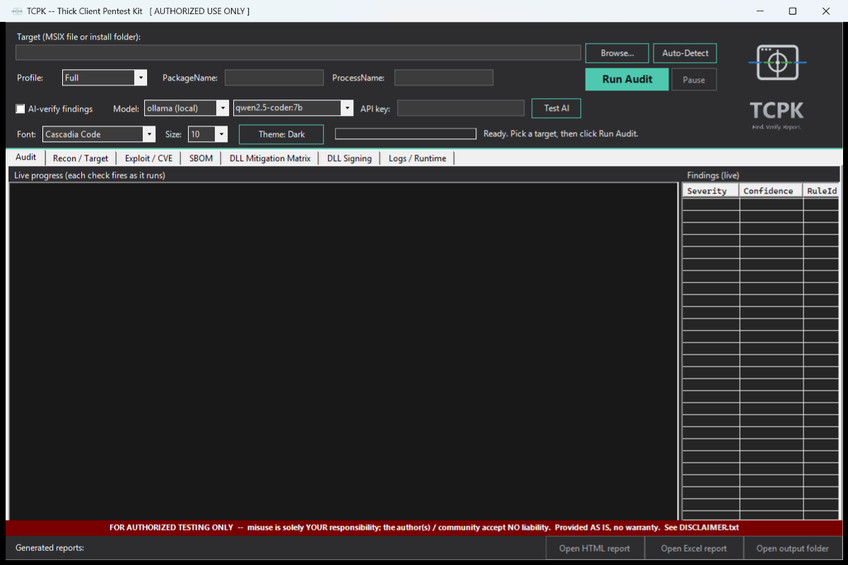 TCPK GUI: target selection, live audit progress, findings table, and tabs for Recon, Exploit/CVE, SBOM, DLL Mitigation Matrix, DLL Signing, and Logs.